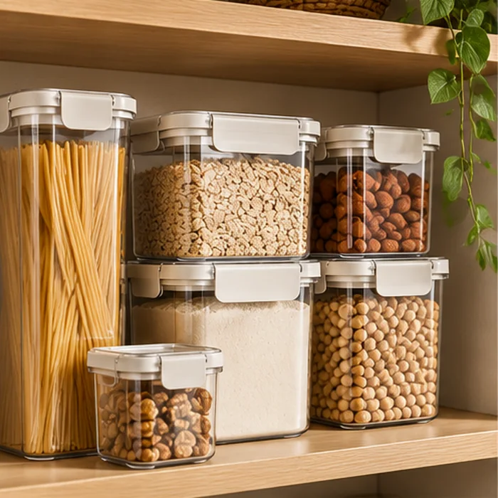 Illustrative view of neat pantry storage containers on shelves