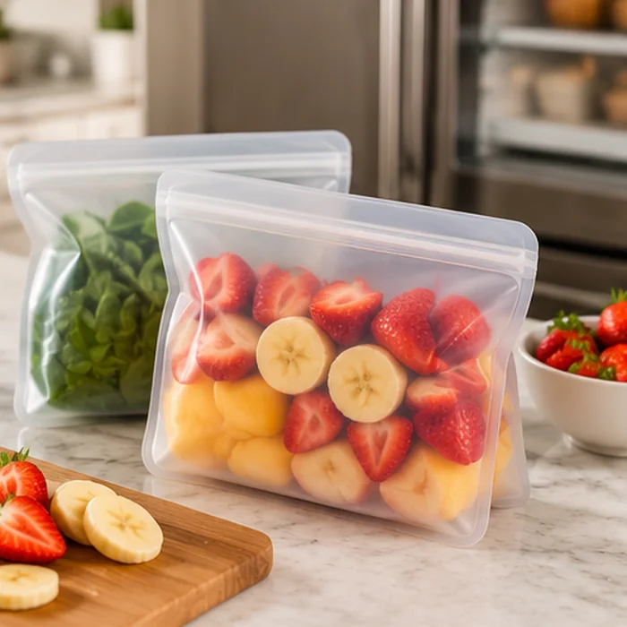 Illustrative concept showing how this kind of product may be used; not an authentic photo of Stasher Reusable Silicone Food Bags — 4-Pack, Clear