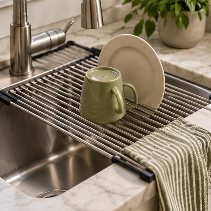 Illustrative concept showing how this kind of product may be used; not an authentic photo of Seropy Roll-Up Over-Sink Drying Rack — 17.5 × 11.8 in